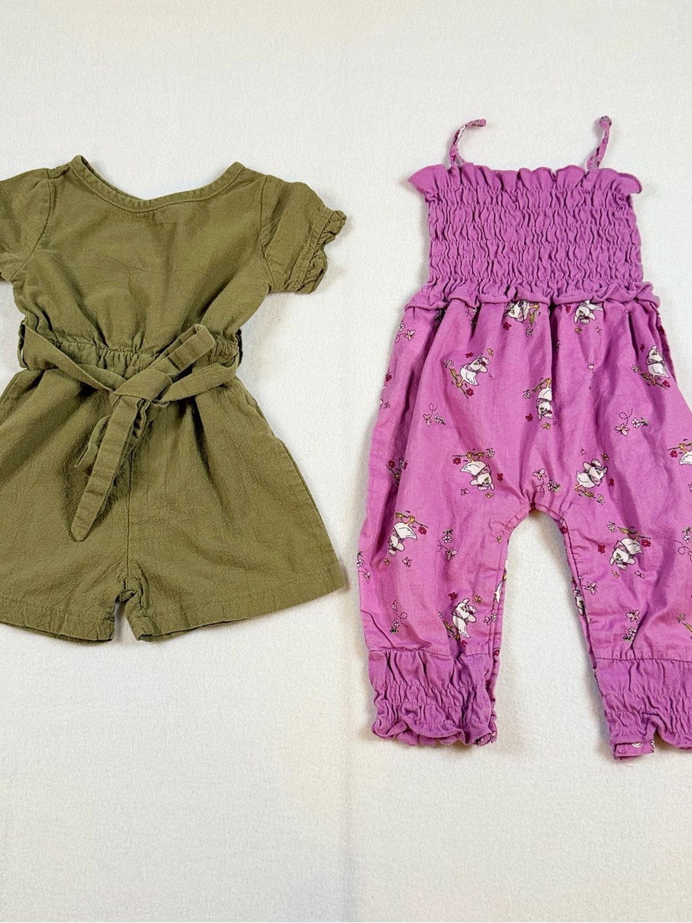 SHEIN Olive Green Romper & SHEIN Pink Smocked Floral bird Romper Set